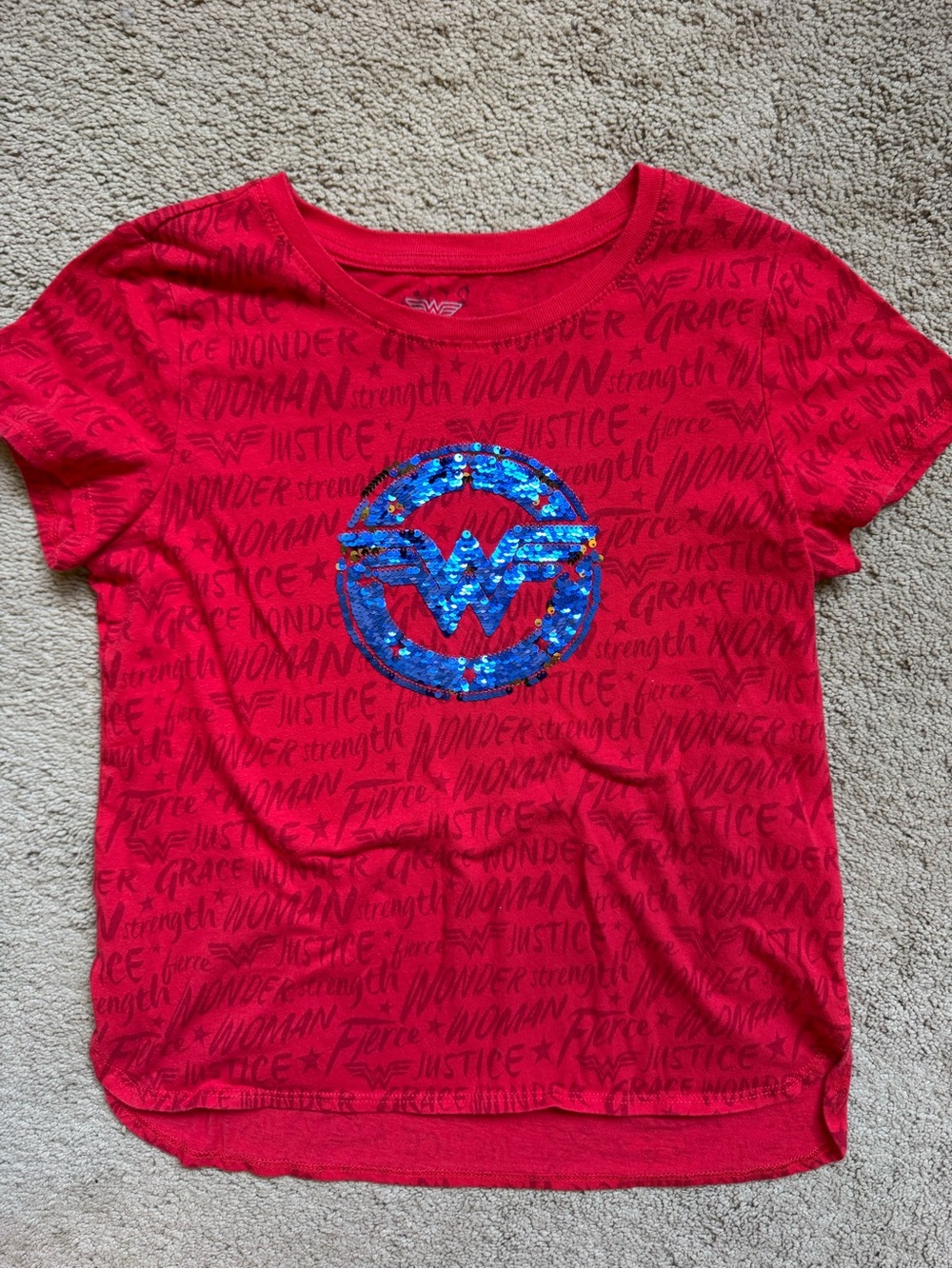 MAD Engine Red Wonder Woman Girls Sequin Short Sleeve Tee